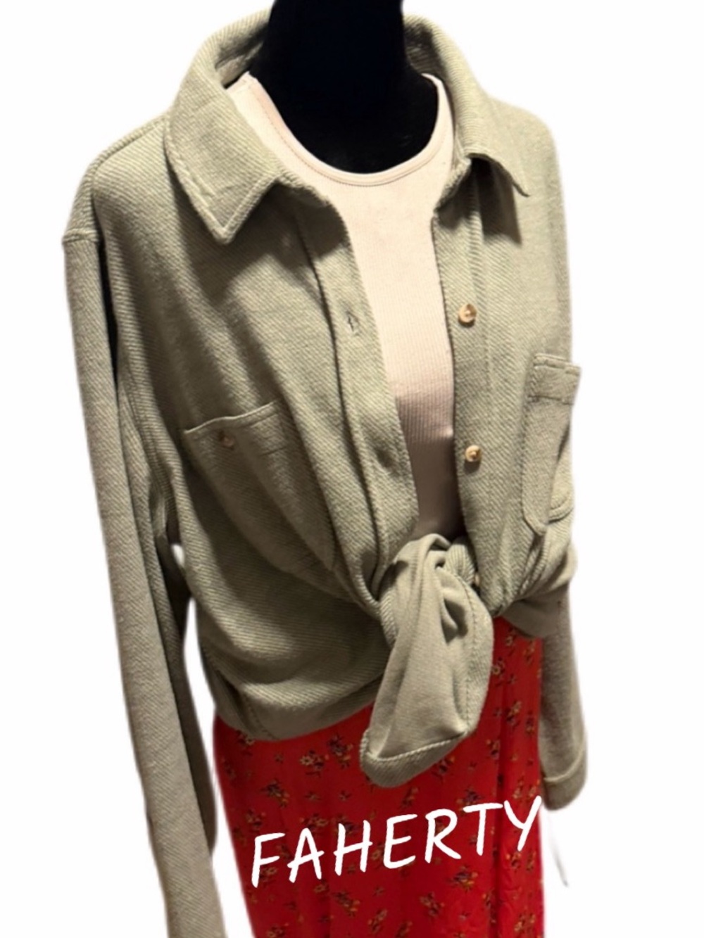 Faherty Womens XL Ledgend Sweater Shirt in sage/ button down top /flap pockets